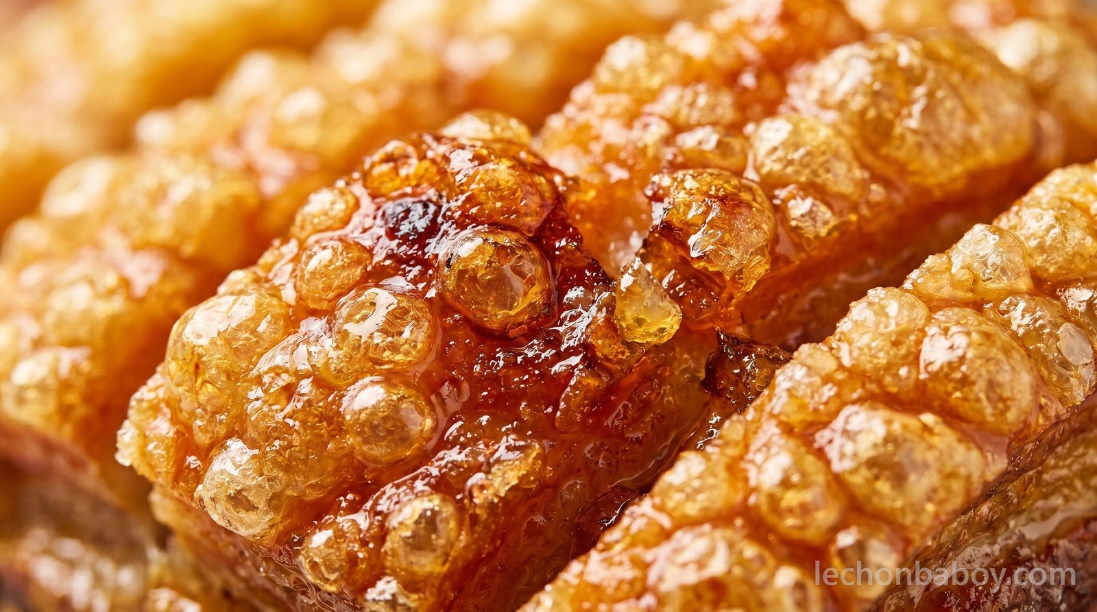 Macro of glassy, blistered lechon crackling