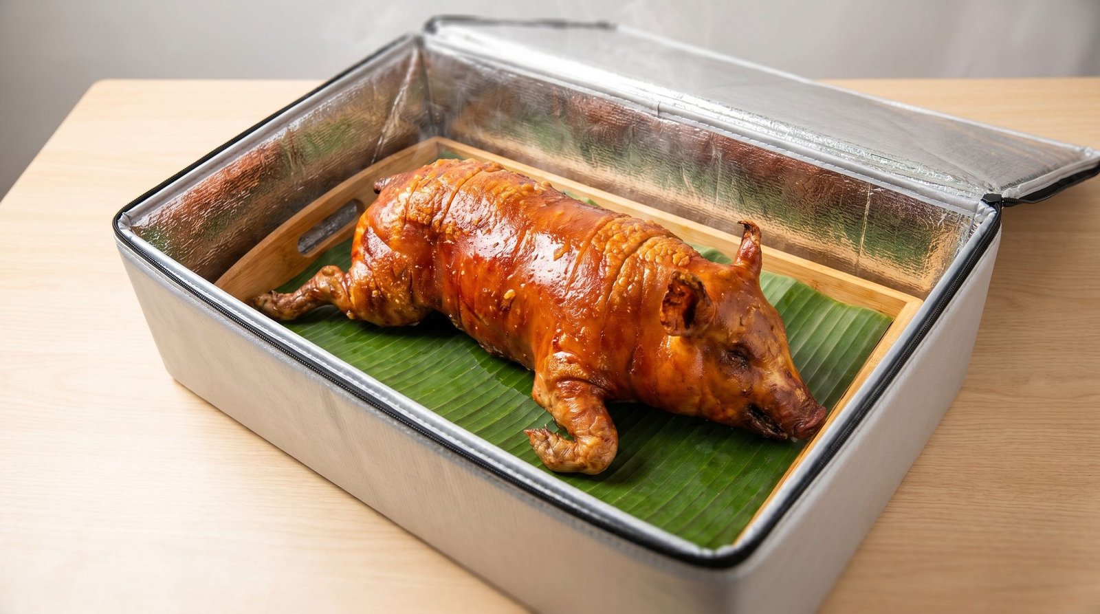 Whole lechon delivered on a banana-leaf tray, ready for the table
