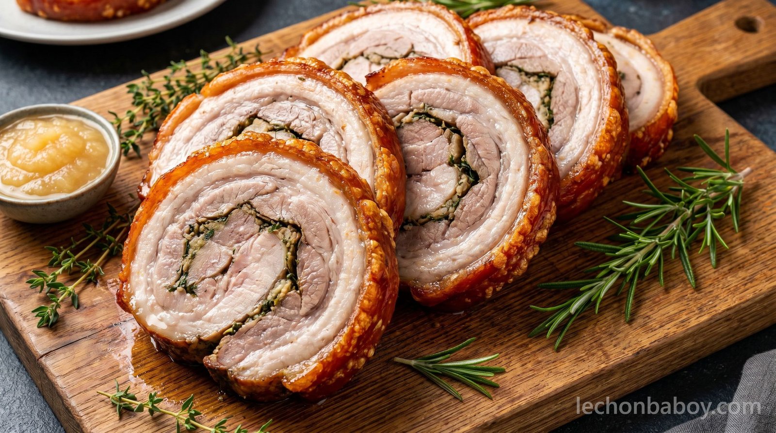 Home-roasted lechon belly sliced into rounds