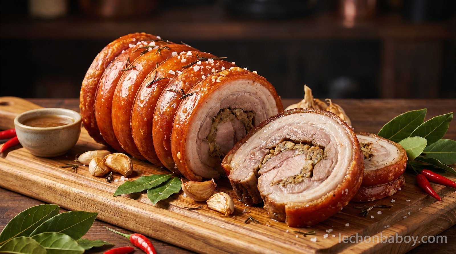 Sliced lechon belly showing the crackling spiral