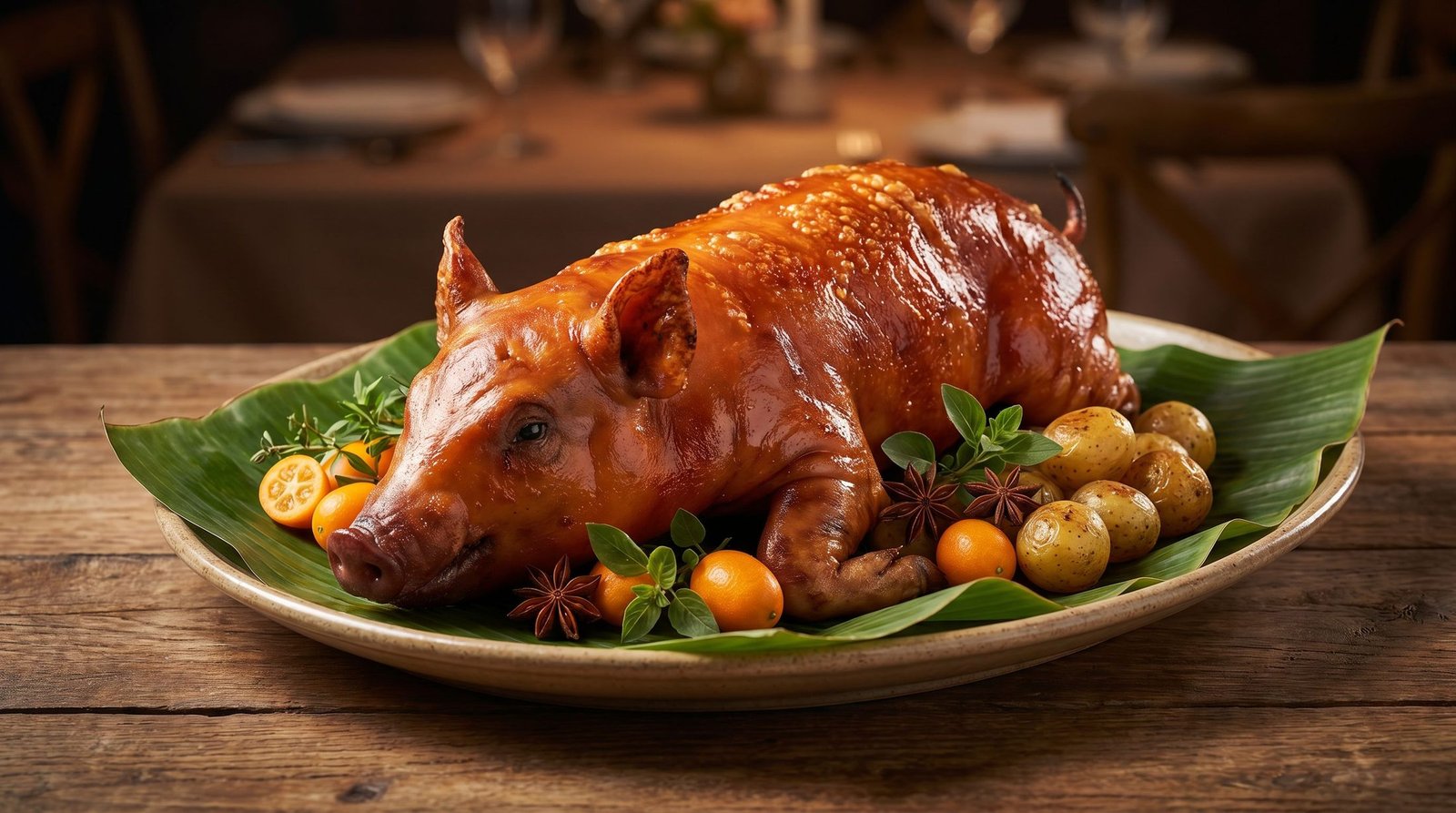 Whole lechon de leche suckling pig on a banana leaf