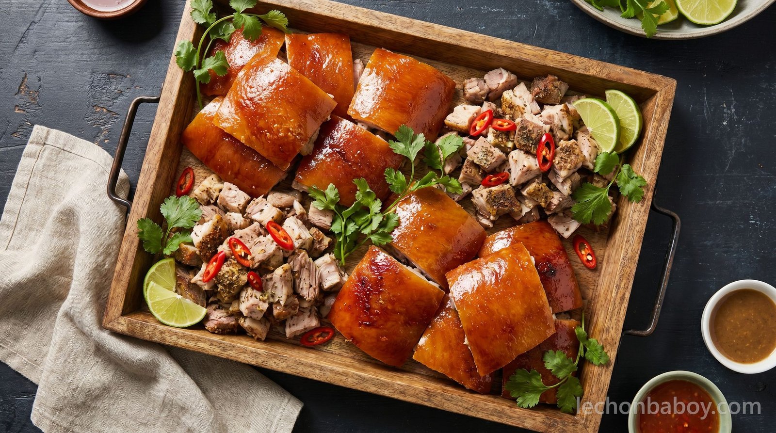 A platter of chopped lechon and crispy skin
