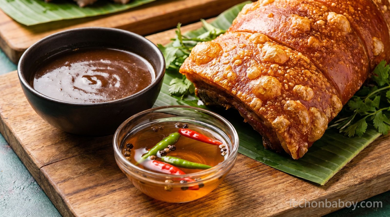 Liver sauce and spiced vinegar beside crispy lechon