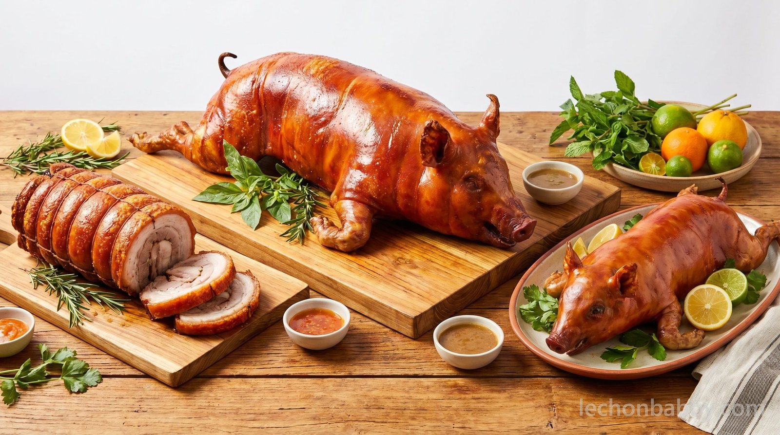 Whole lechon, lechon belly and lechon de leche together