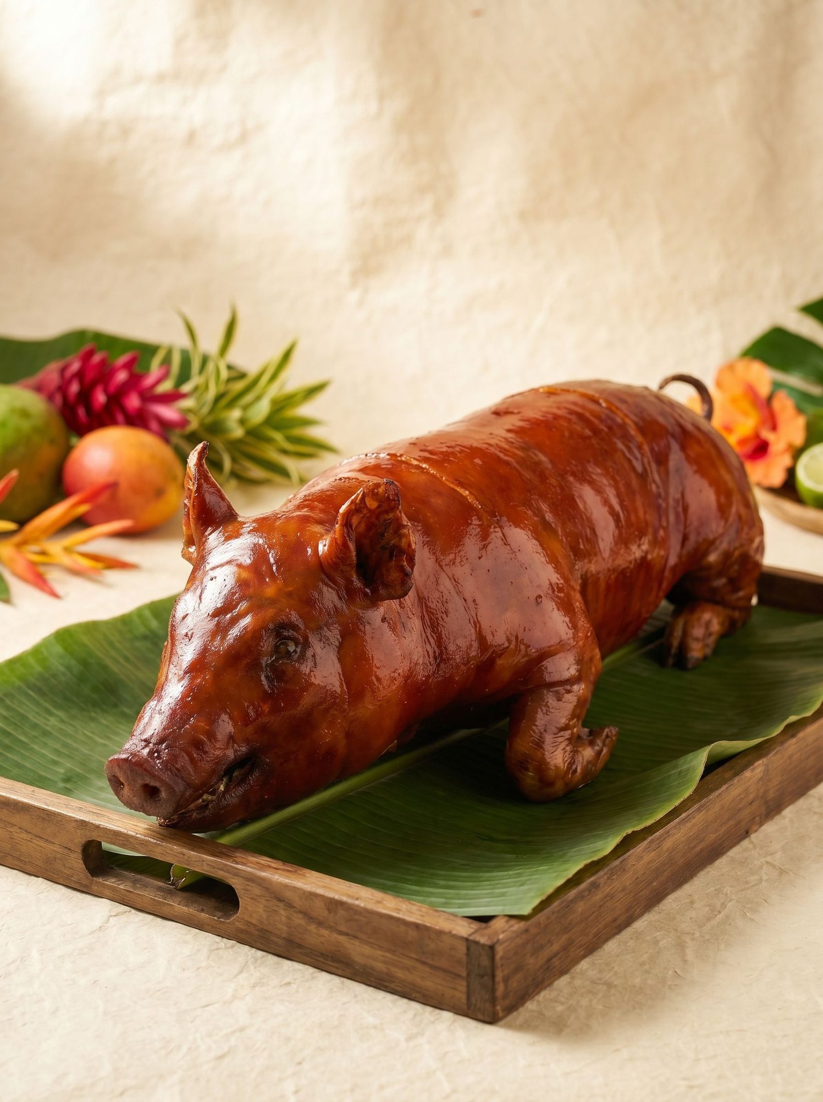 Whole roasted lechon baboy with glass-crisp golden skin
