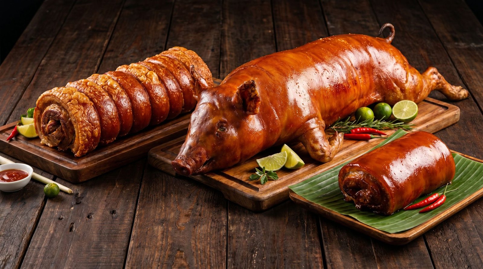 A spread of whole lechon and lechon belly ready to be carved