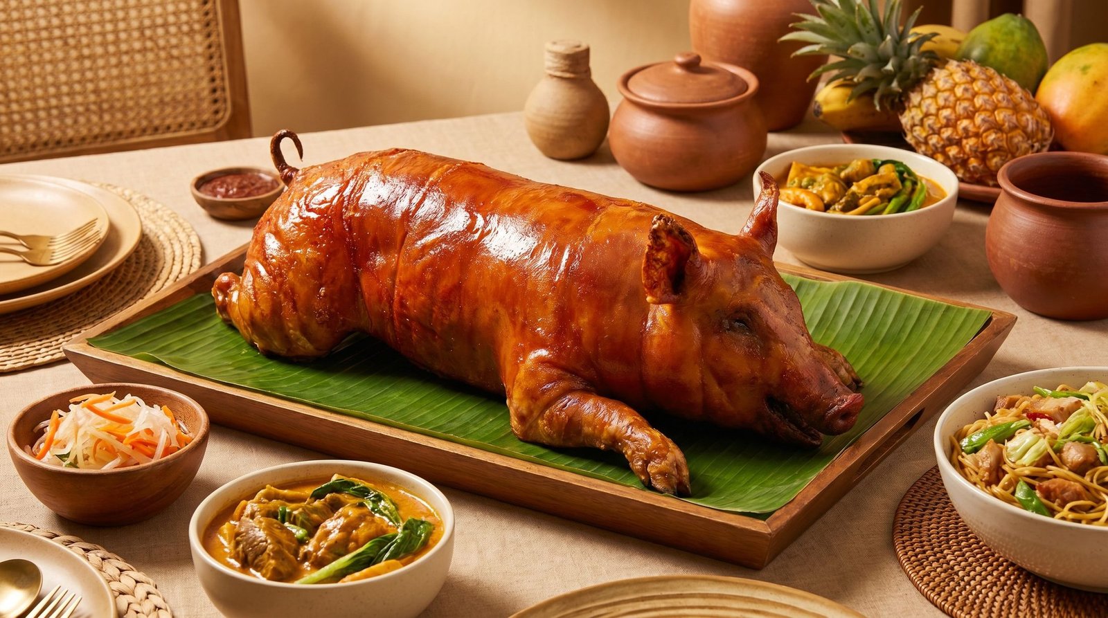 A whole lechon centerpiece surrounded by Filipino sides on a Manila table
