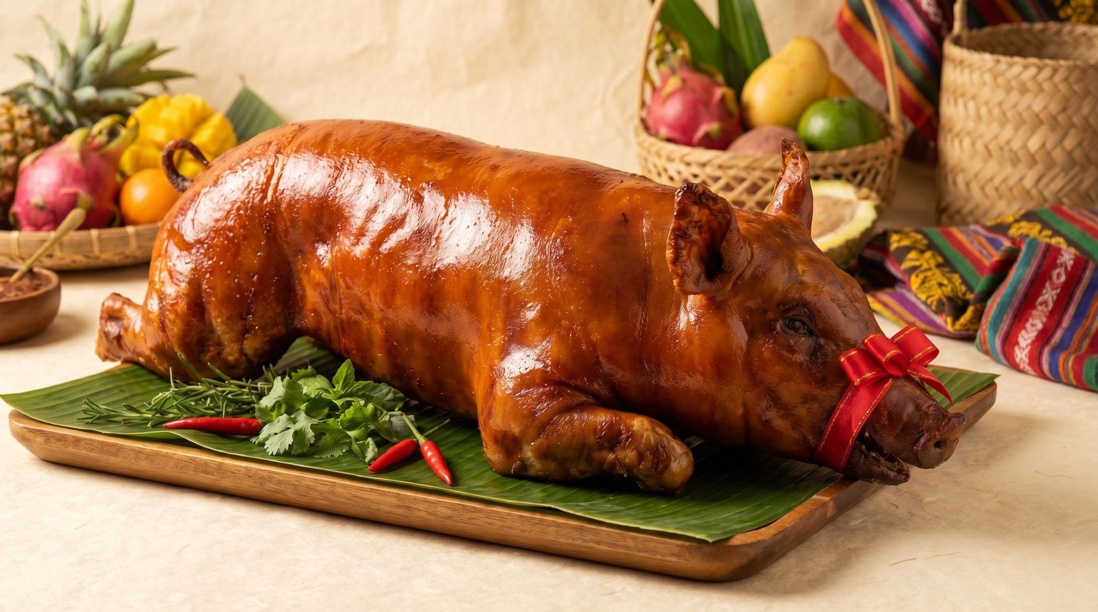 Whole lechon styled for a Christmas Noche Buena table