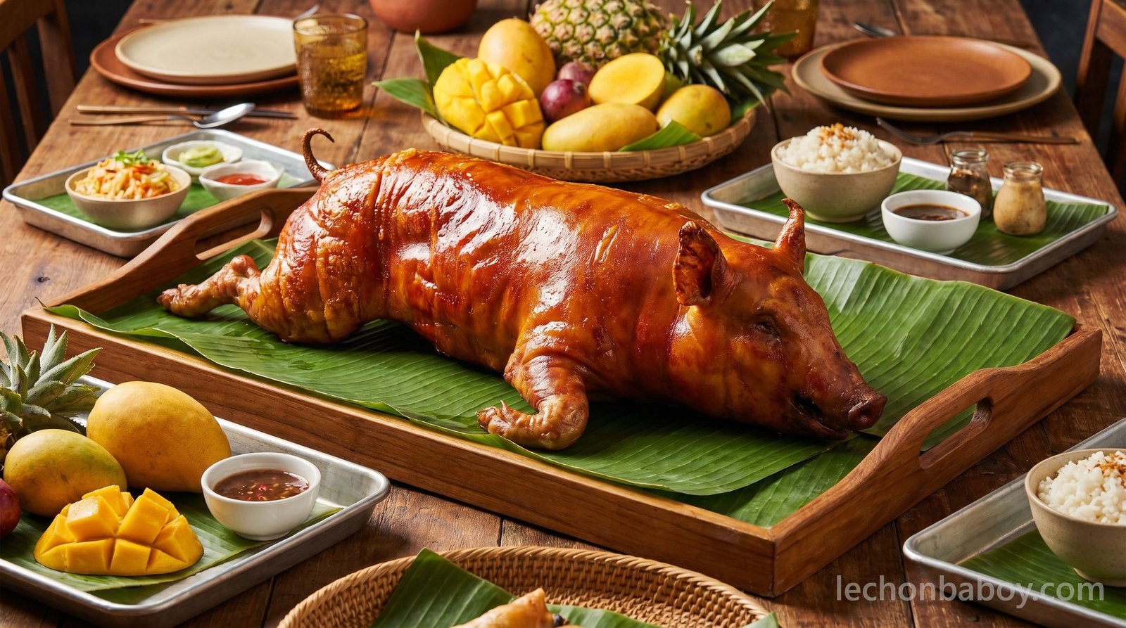 Whole lechon on a banana-leaf tray at a party table